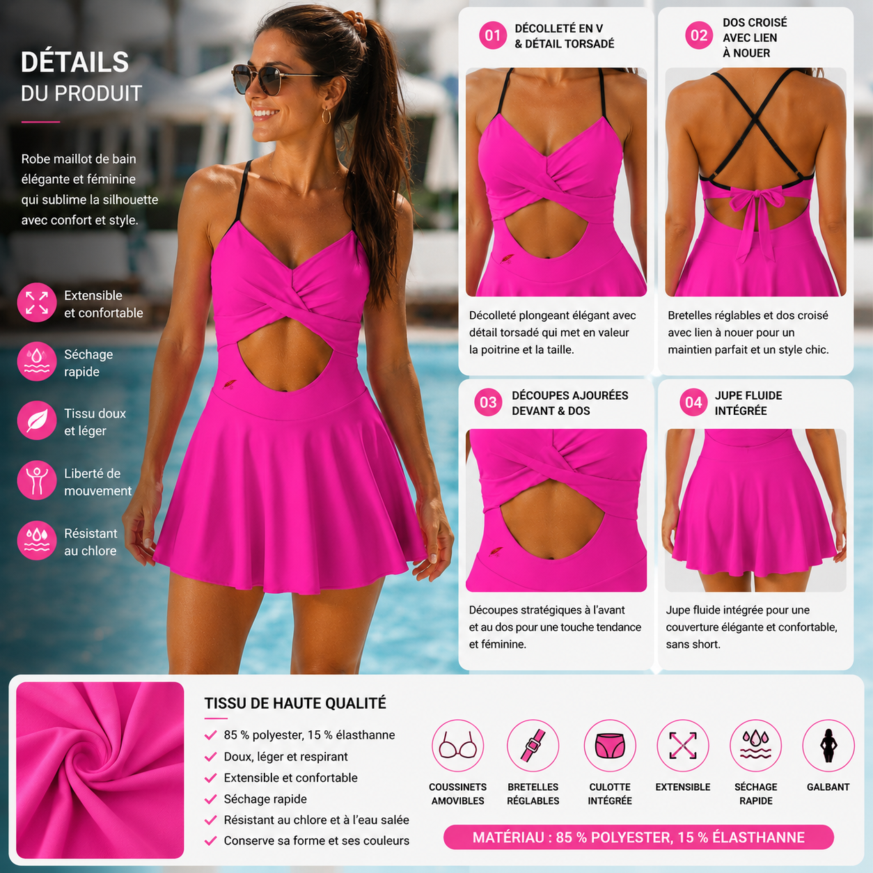 Robe Maillot de bain une pièce femme dos croisé découpé- Élégance, maintien & confort