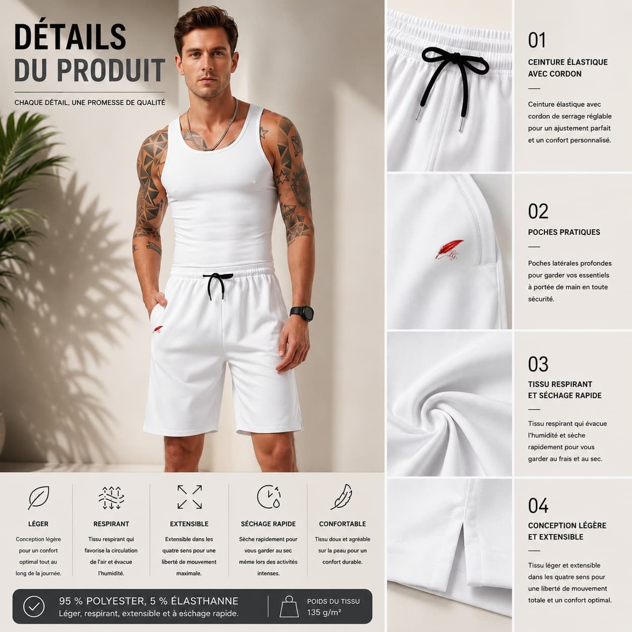 Short décontracté homme à cordon – Léger, respirant & performant