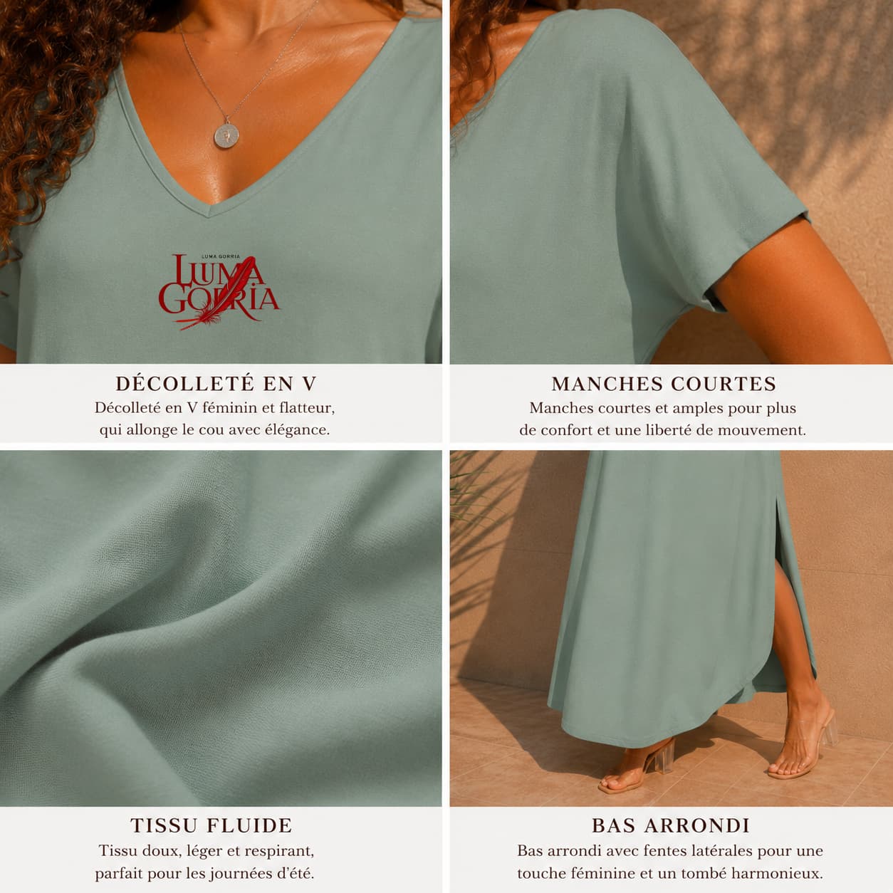 Robe longue élégante col V à manches courtes – Femme