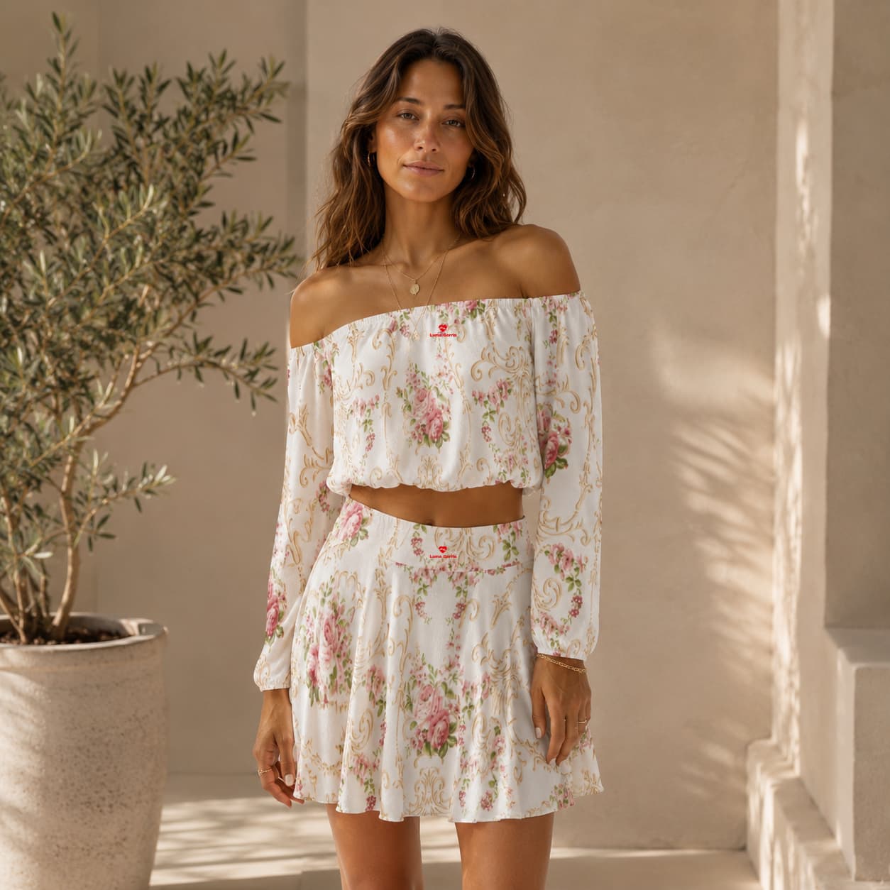 Ensemble haut & jupe à épaules dénudées à motifs femme – Élégance & allure séduisante
