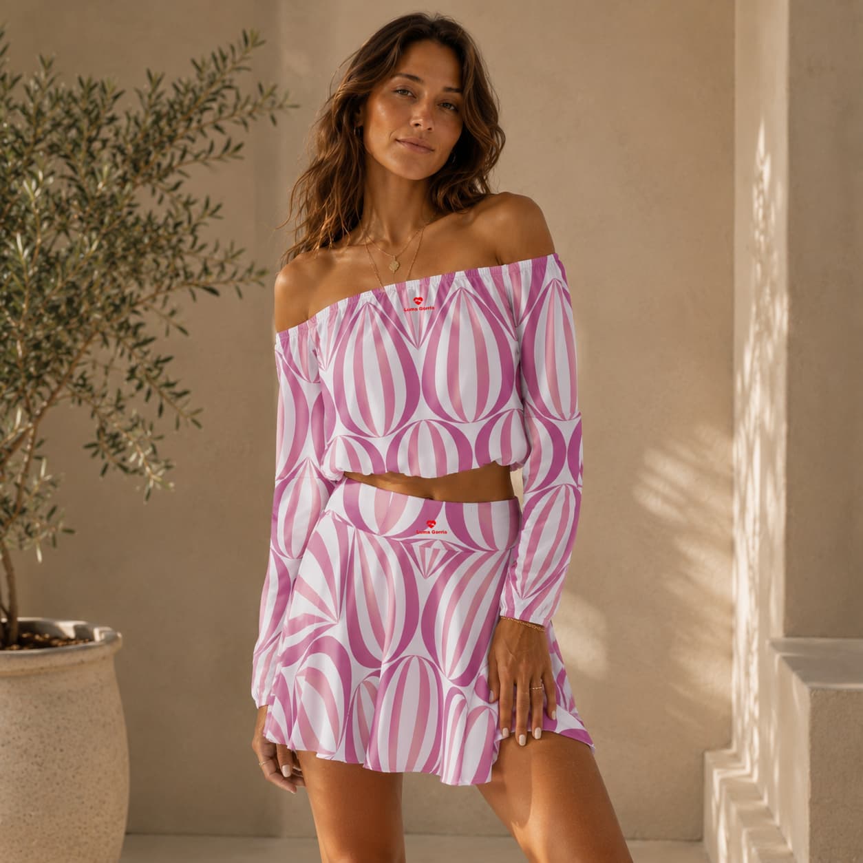 Ensemble haut & jupe à épaules dénudées à motifs femme – Élégance & allure séduisante