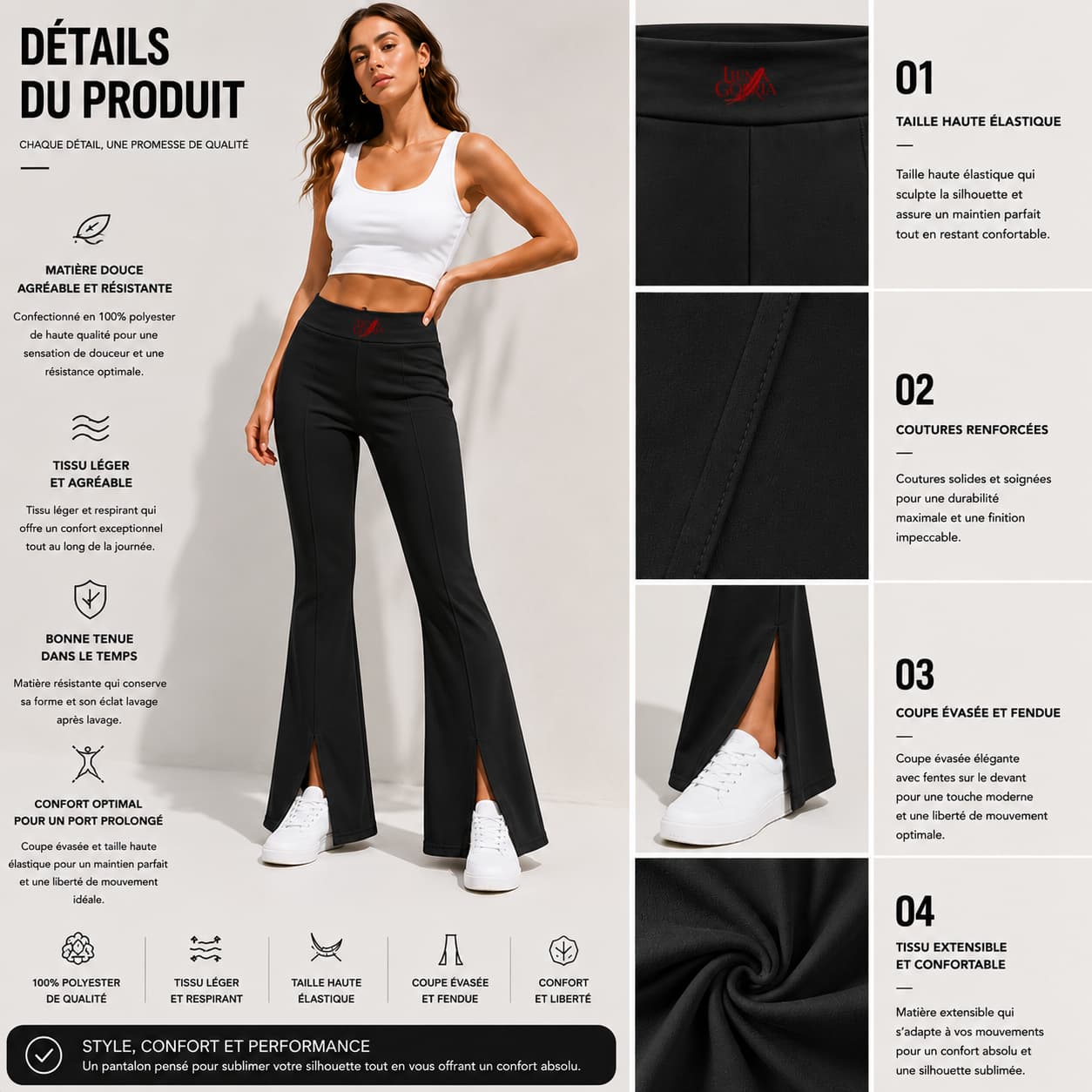 Pantalon femme taille haute évasé et fendu – Élégance & silhouette allongée