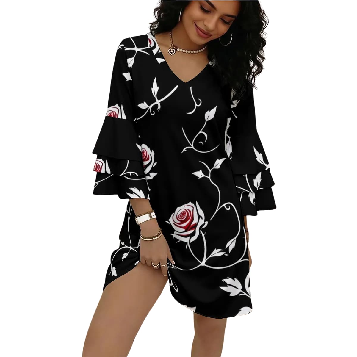 Robe femme col V manches à volants – Élégance fluide & féminité