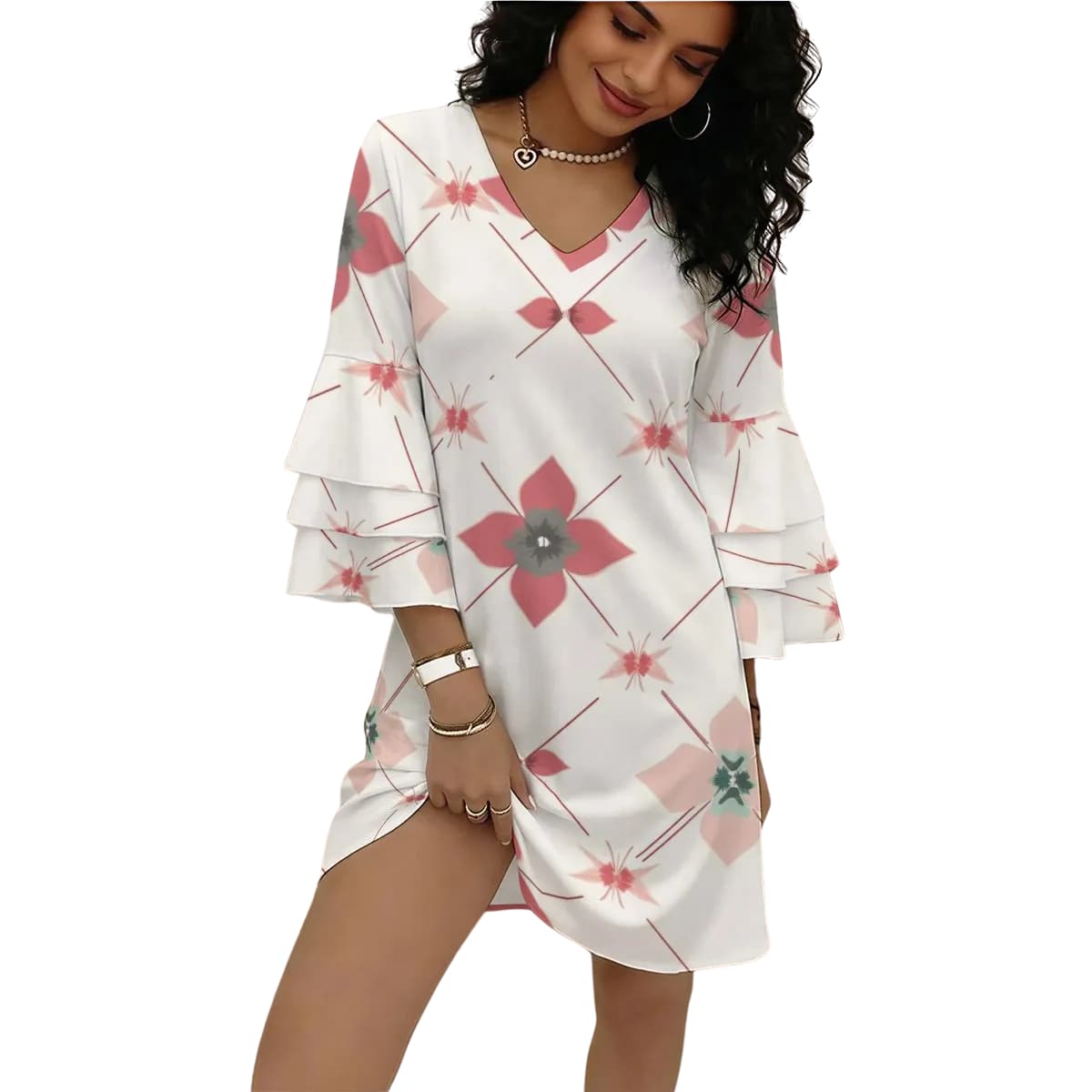 Robe femme col V manches à volants – Élégance fluide & féminité