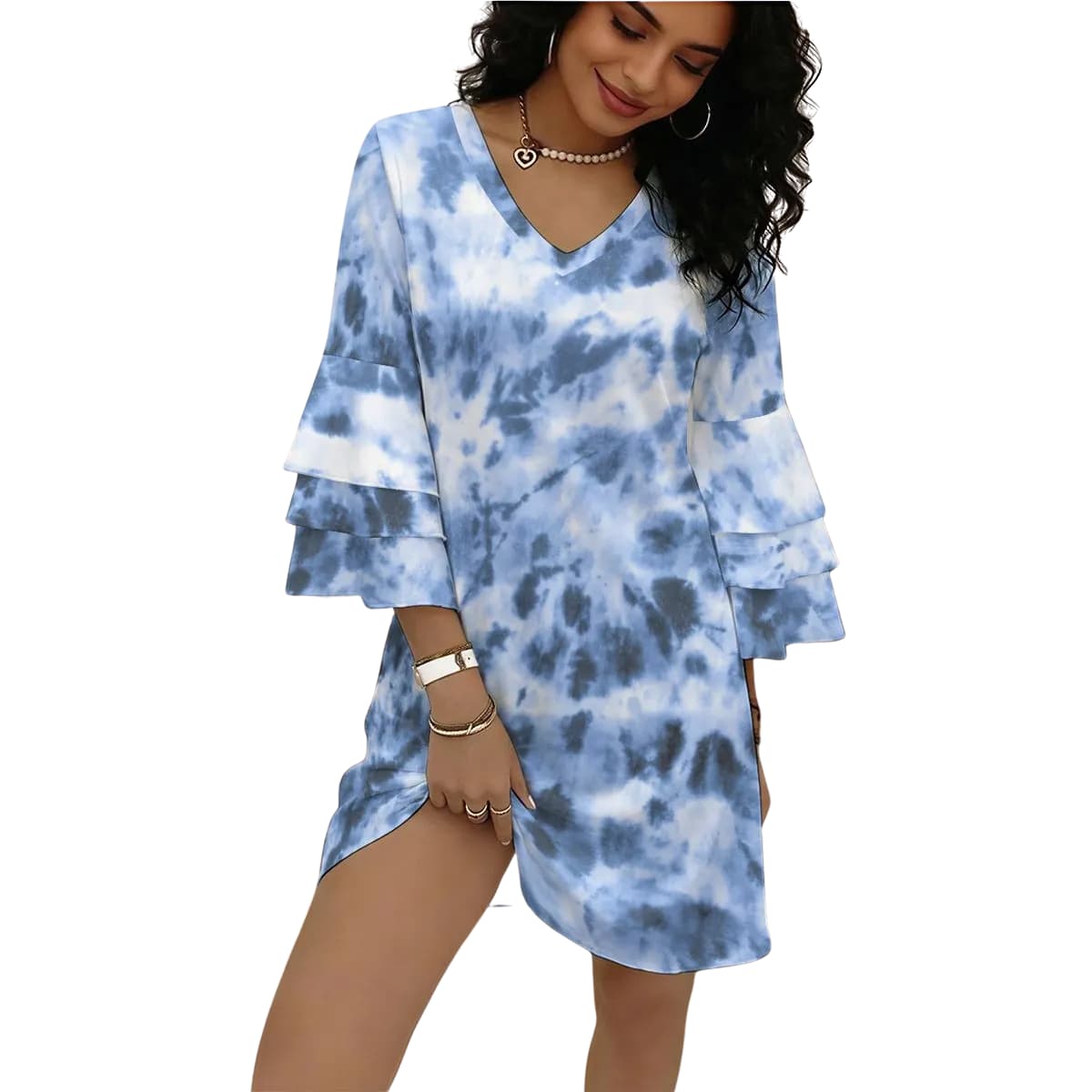 Robe femme col V manches à volants – Élégance fluide & féminité