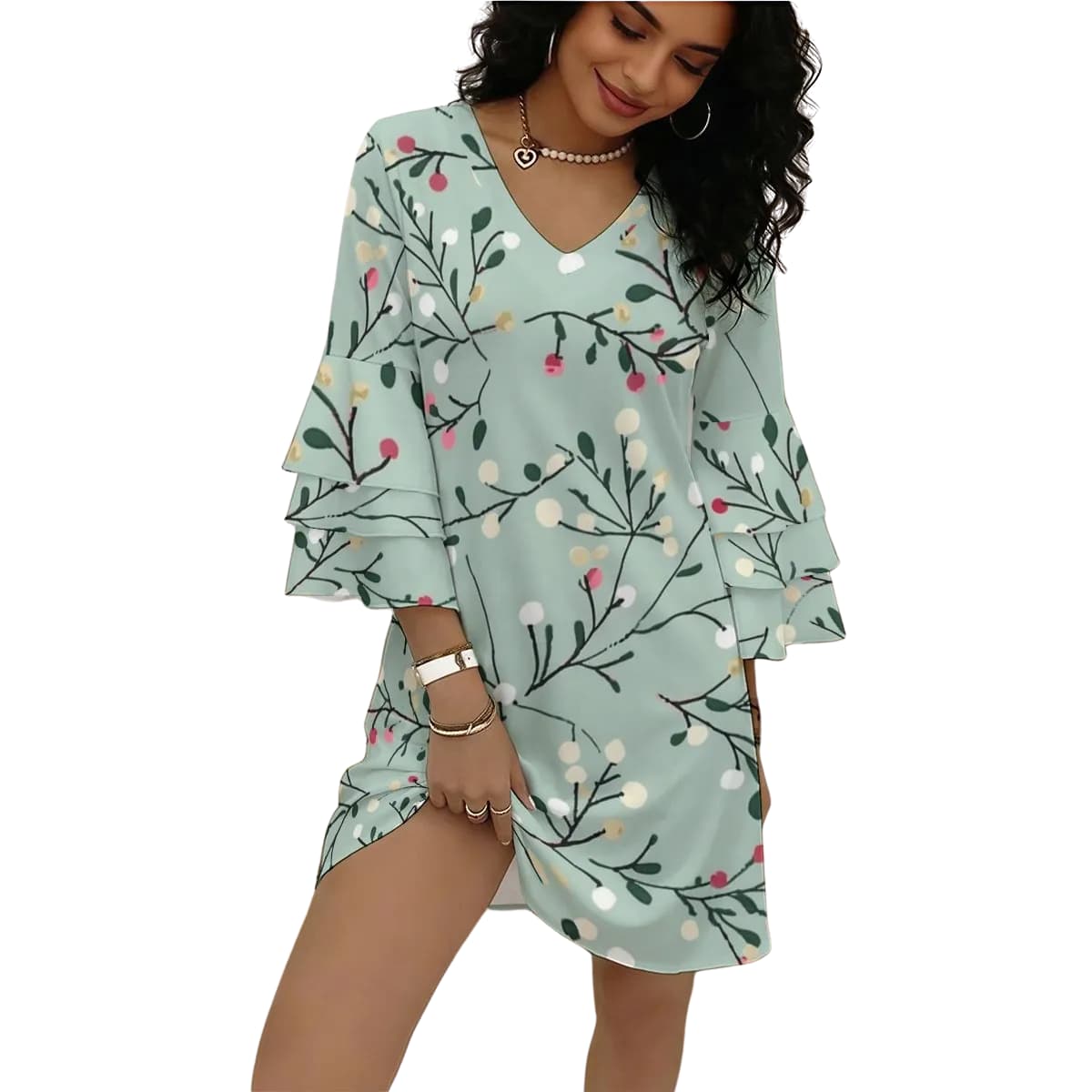 Robe femme col V manches à volants – Élégance fluide & féminité