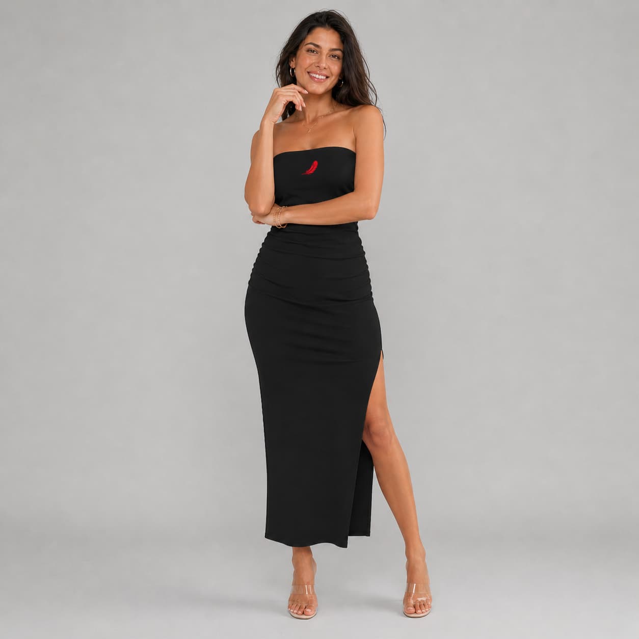 Robe longue fendue sans bretelles – Élégante, glamour & sculptante