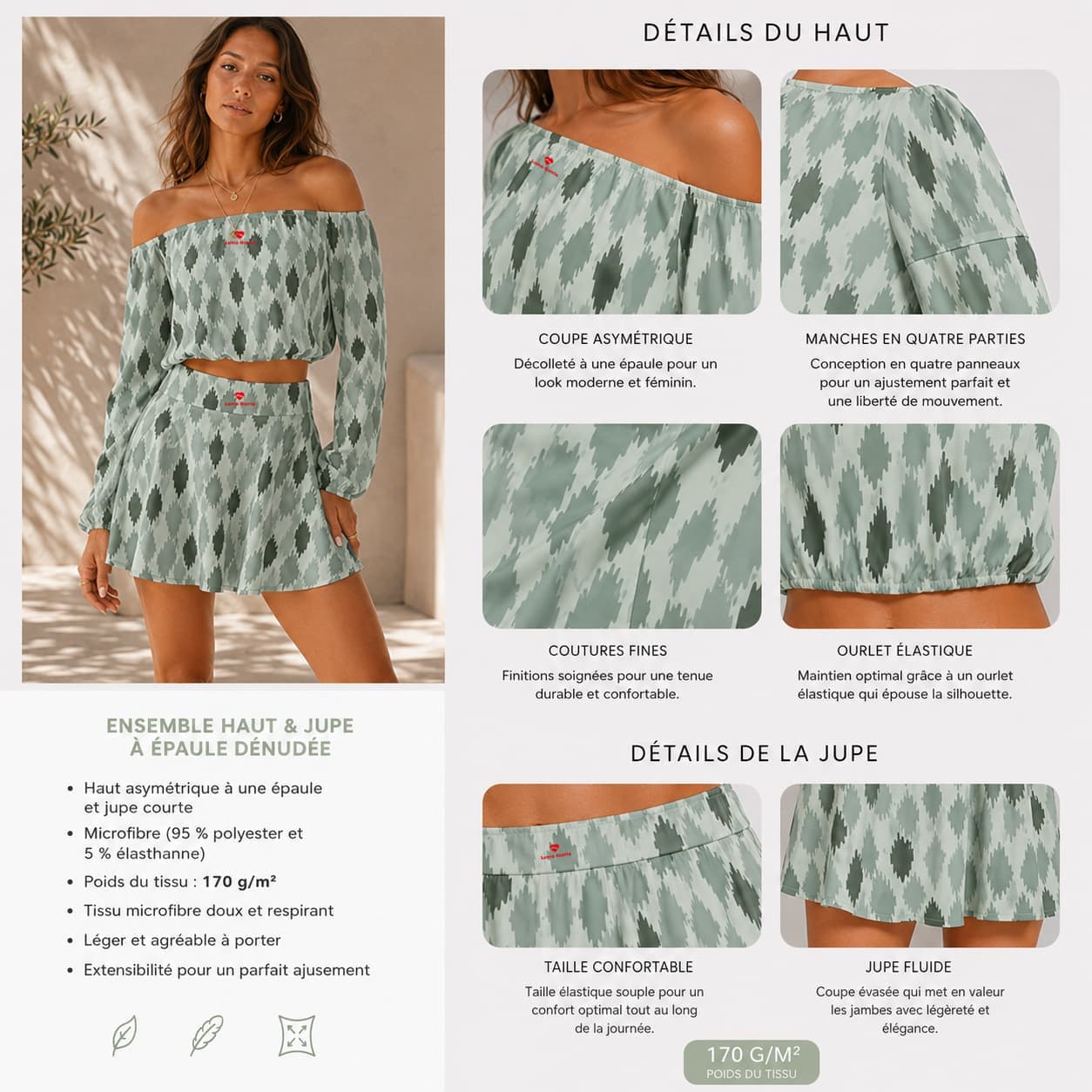 Ensemble haut & jupe à épaules dénudées à motifs femme – Élégance & allure séduisante