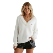 Pull femme col V bordure en fourrure – Élégance & confort cocooning