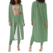 Ensemble femme – Cardigan long & legging porté de fac et de dos colorie vert