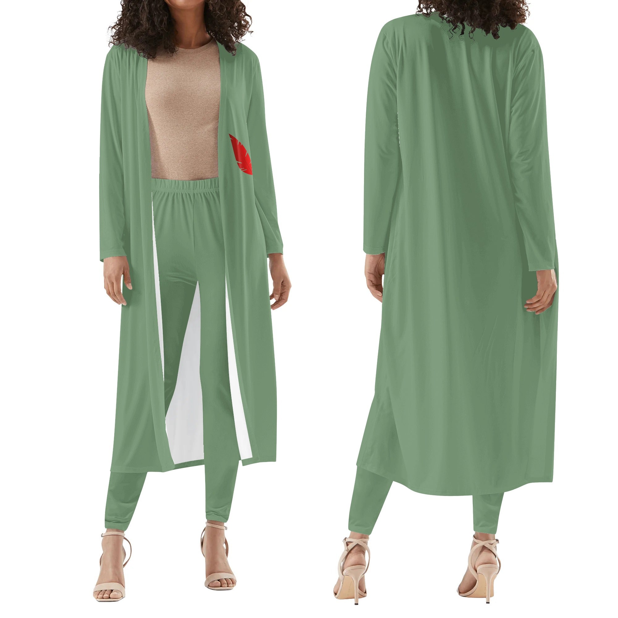 Ensemble femme – Cardigan long & legging porté de fac et de dos colorie vert
