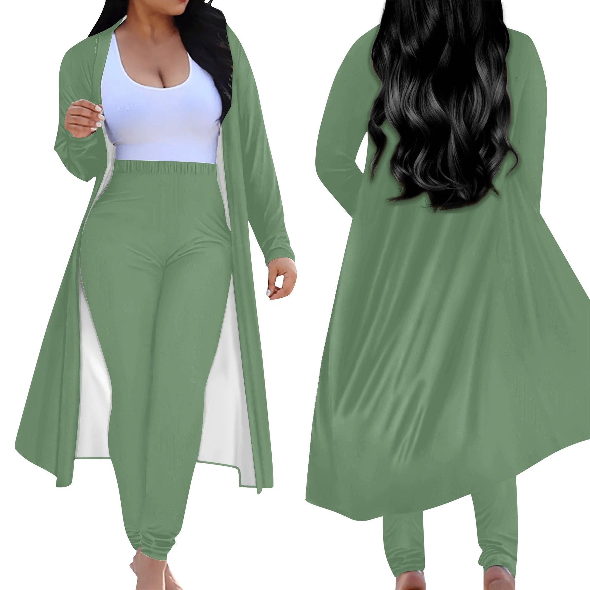 Ensemble femme – Cardigan long & legging porté de face et de dos  vert