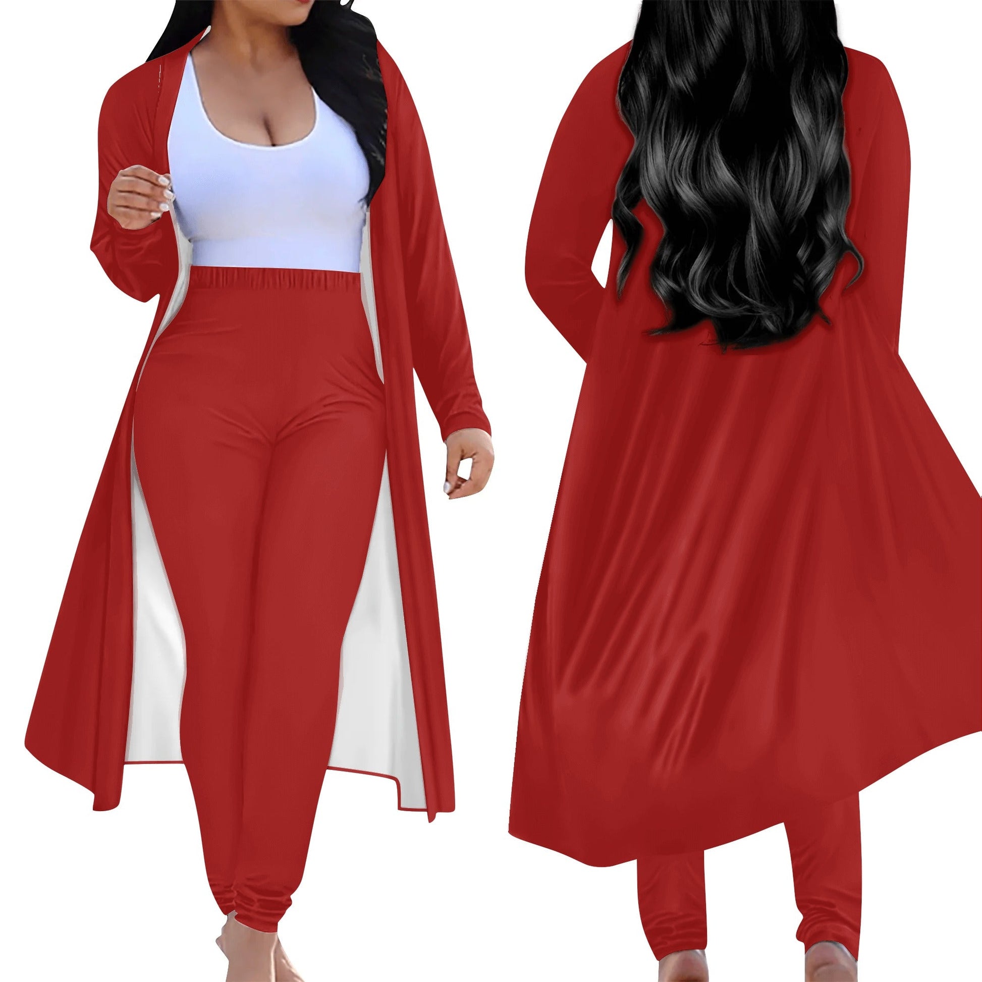 Ensemble femme – Cardigan long & legging porté de face et de dos rouge