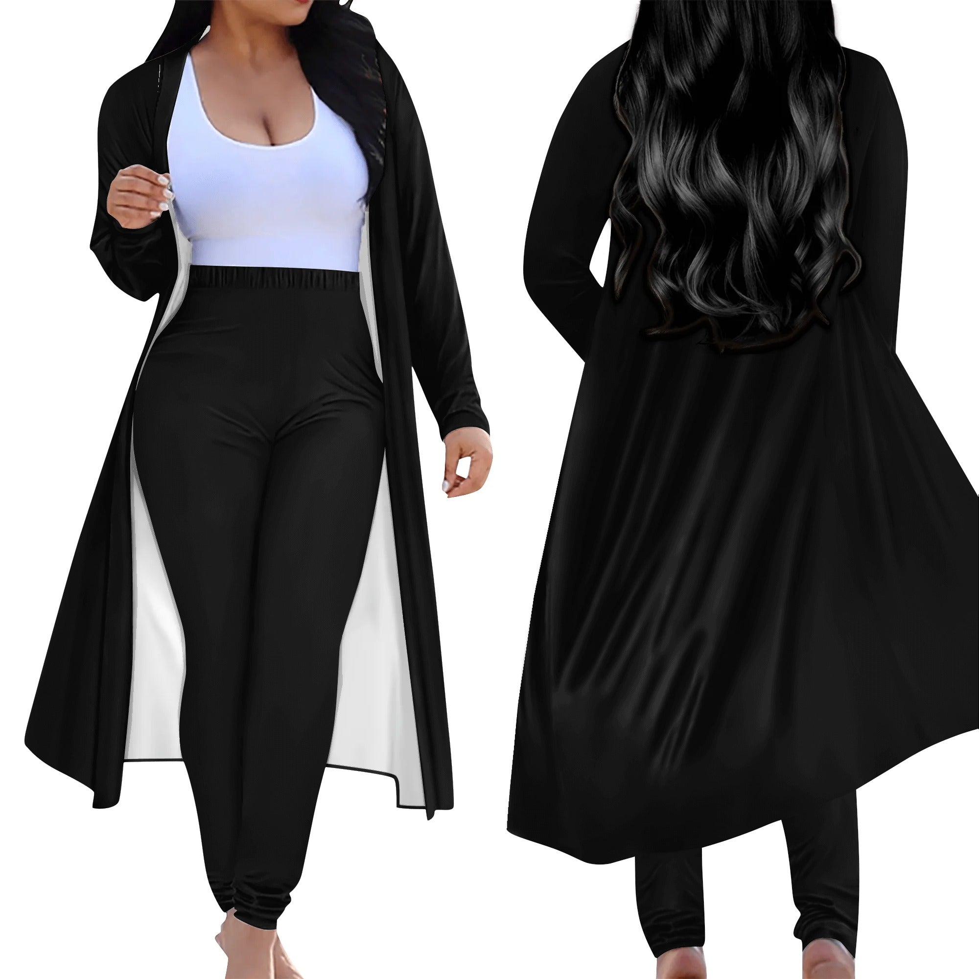 Ensemble femme – Cardigan long & legging porté de face et de dos noir