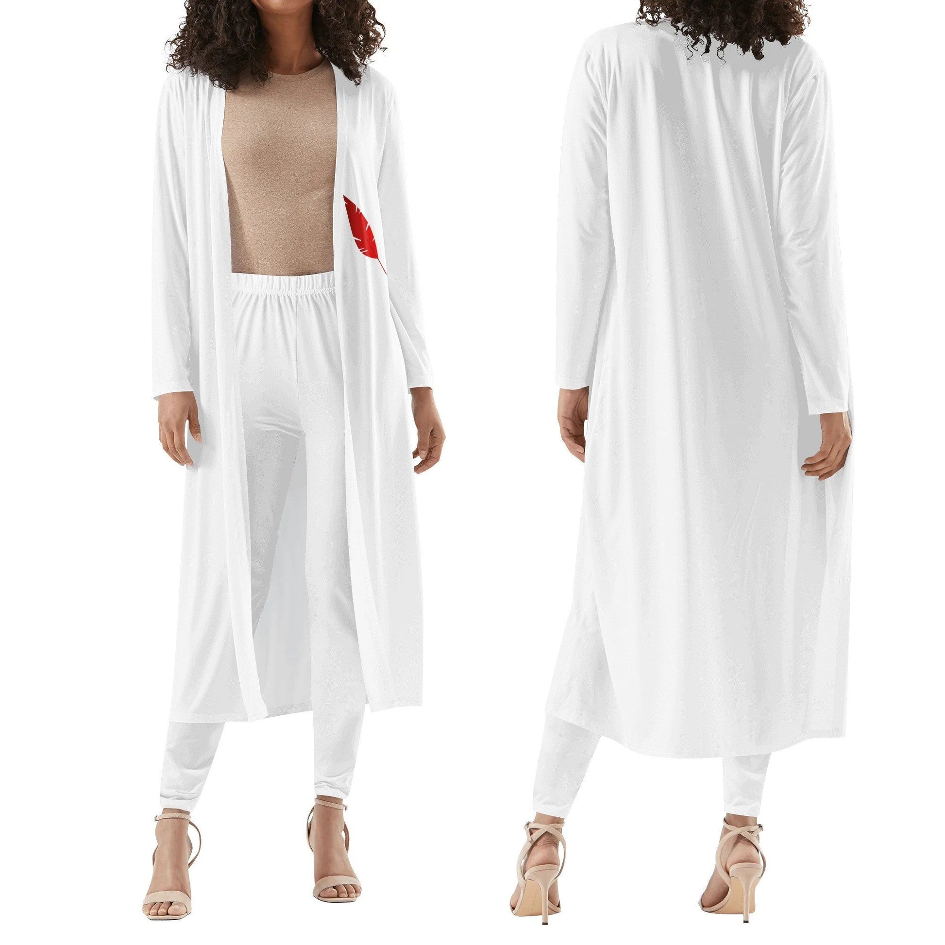 Ensemble femme – Cardigan long & legging porté de face et de dos colorie blanc