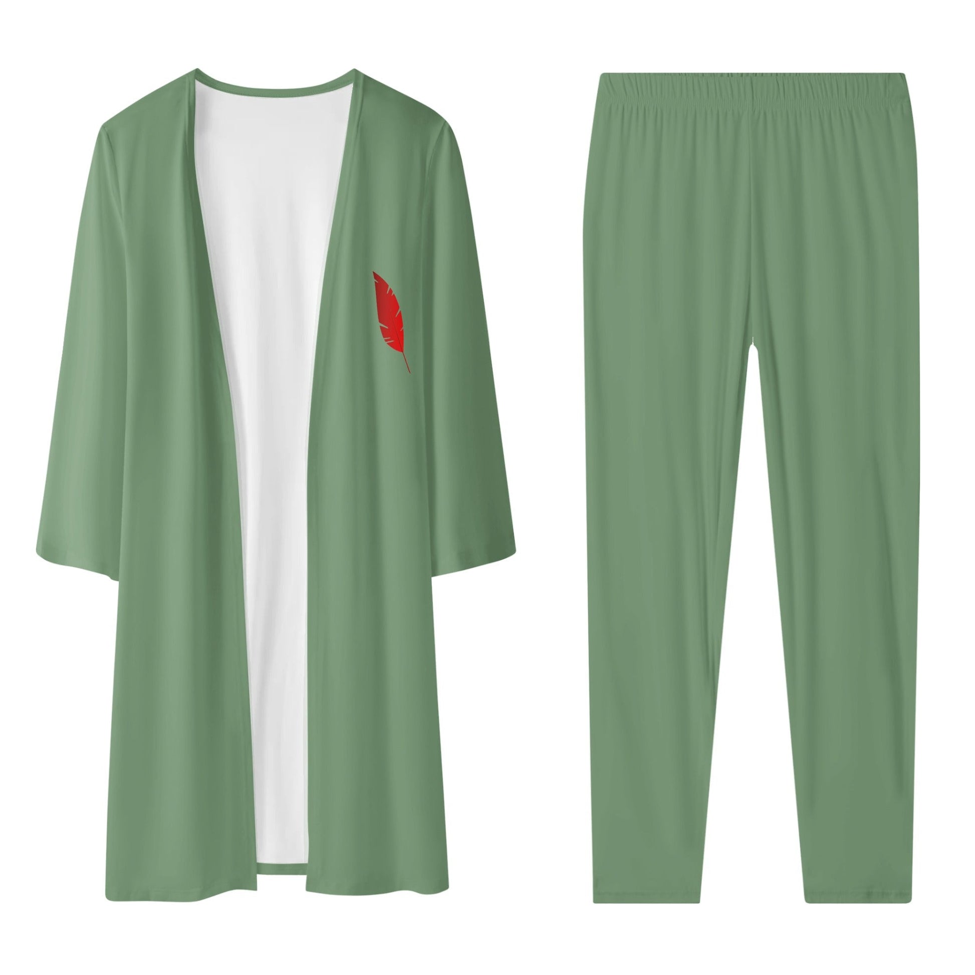 Ensemble femme – Cardigan long & legging non porté de face et le legging de face colorie vert