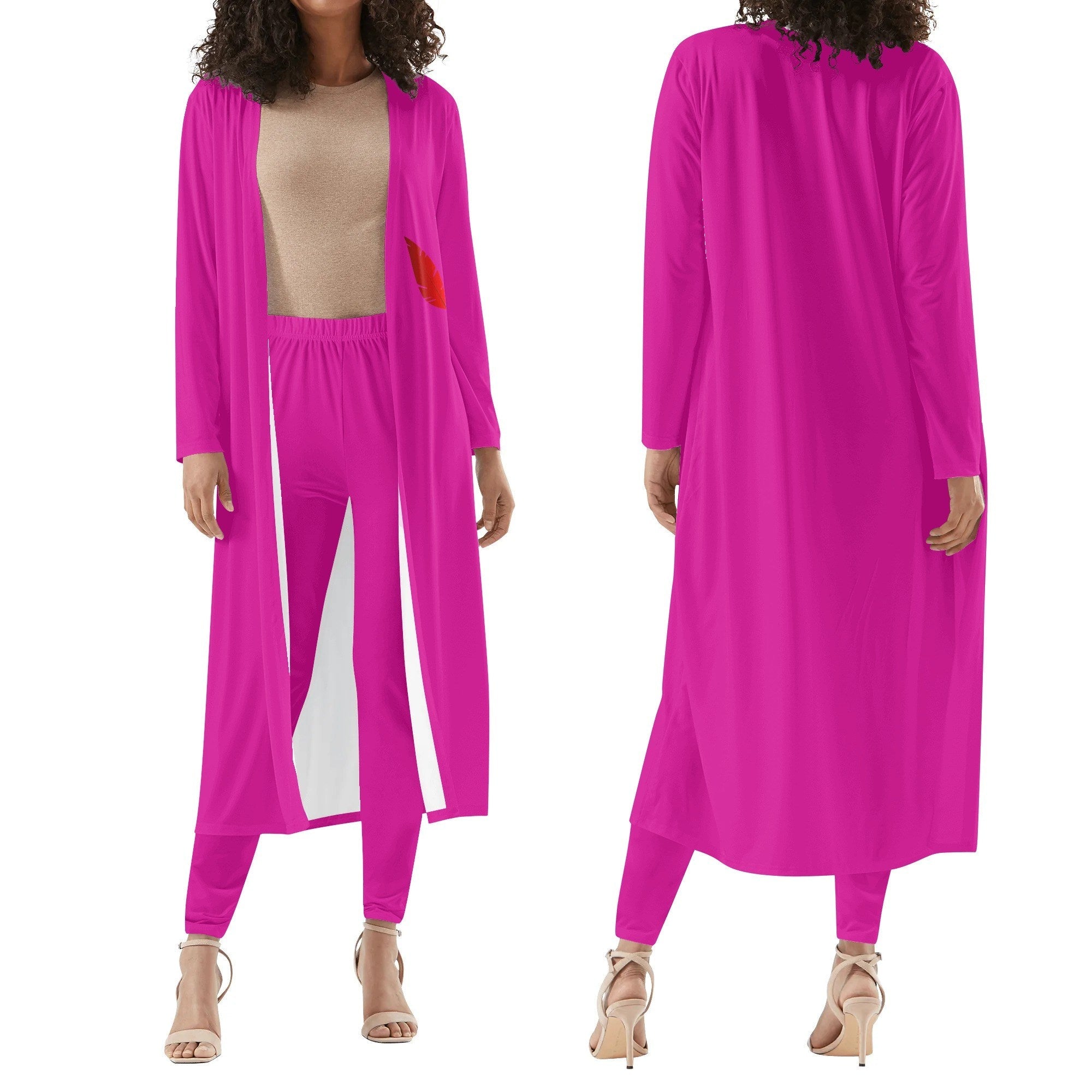 Ensemble femme – Cardigan long & legging porté de face et de dos colorie rose