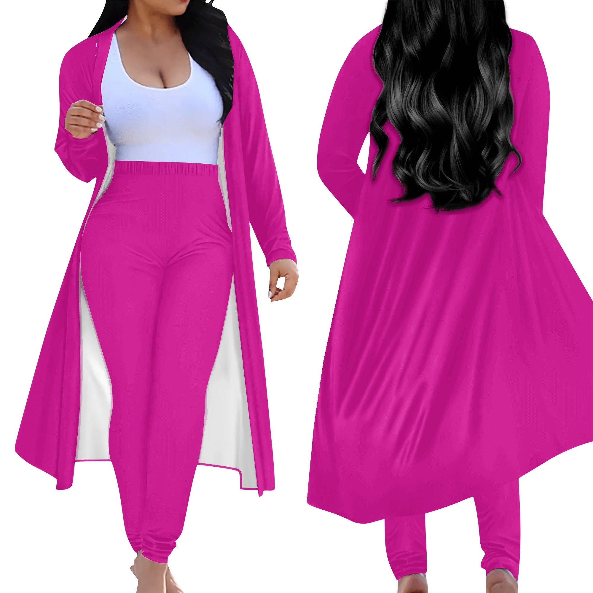 Ensemble femme – Cardigan long & legging porté de face et de dos rose