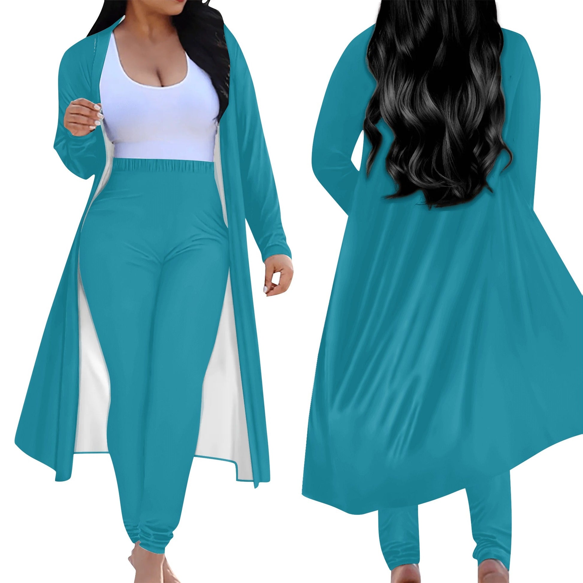 Ensemble femme – Cardigan long & legging porté de face et de dos bleu