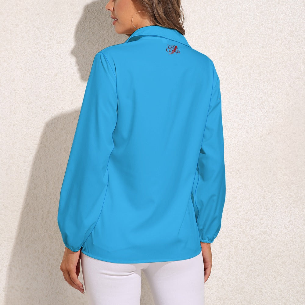 Haut chemise à manches longues porté de dos colorie bleu