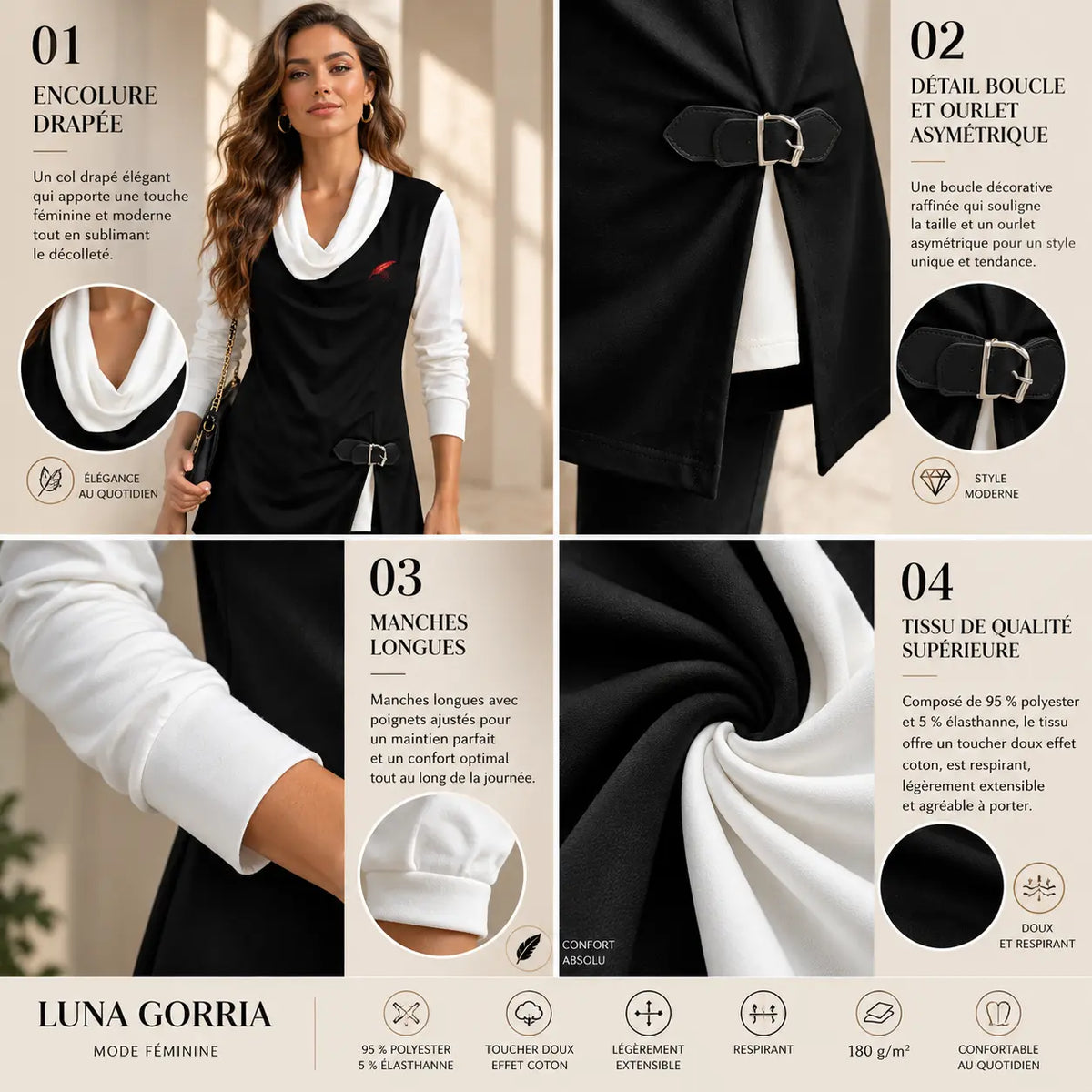 Haut drapé à manches longues pour femme non porter detail du produit couleur noir