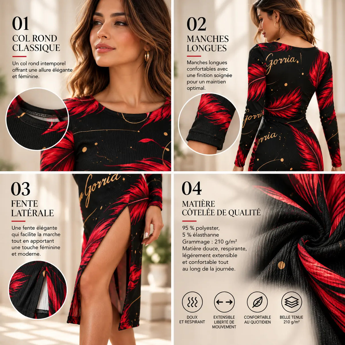 Robe midi moulante fendue à manches longues pour femme – Élégance & féminité
