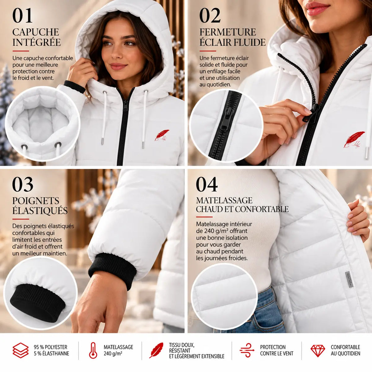 Veste chaude matelassée à capuche pour femme – Protection, chaleur & confort
