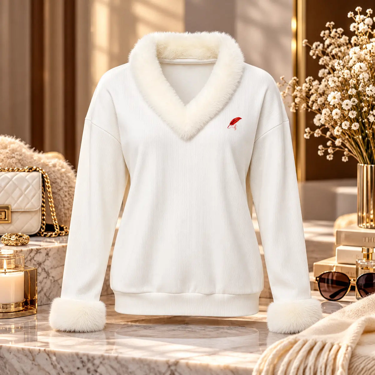 Pull effet maille avec fausse fourrure pour femme – Douceur, chaleur & élégance