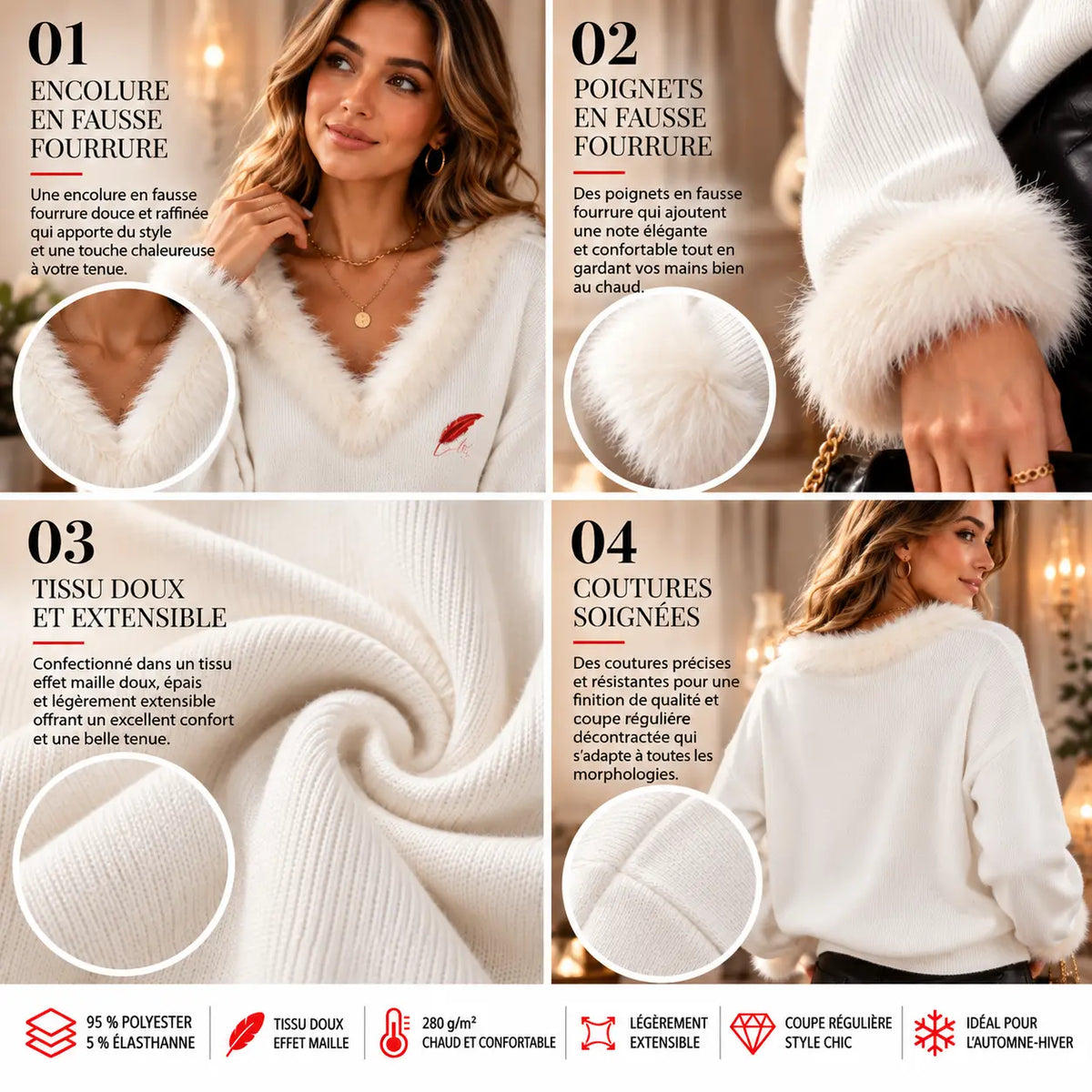 Pull effet maille avec fausse fourrure pour femme – Douceur, chaleur & élégance