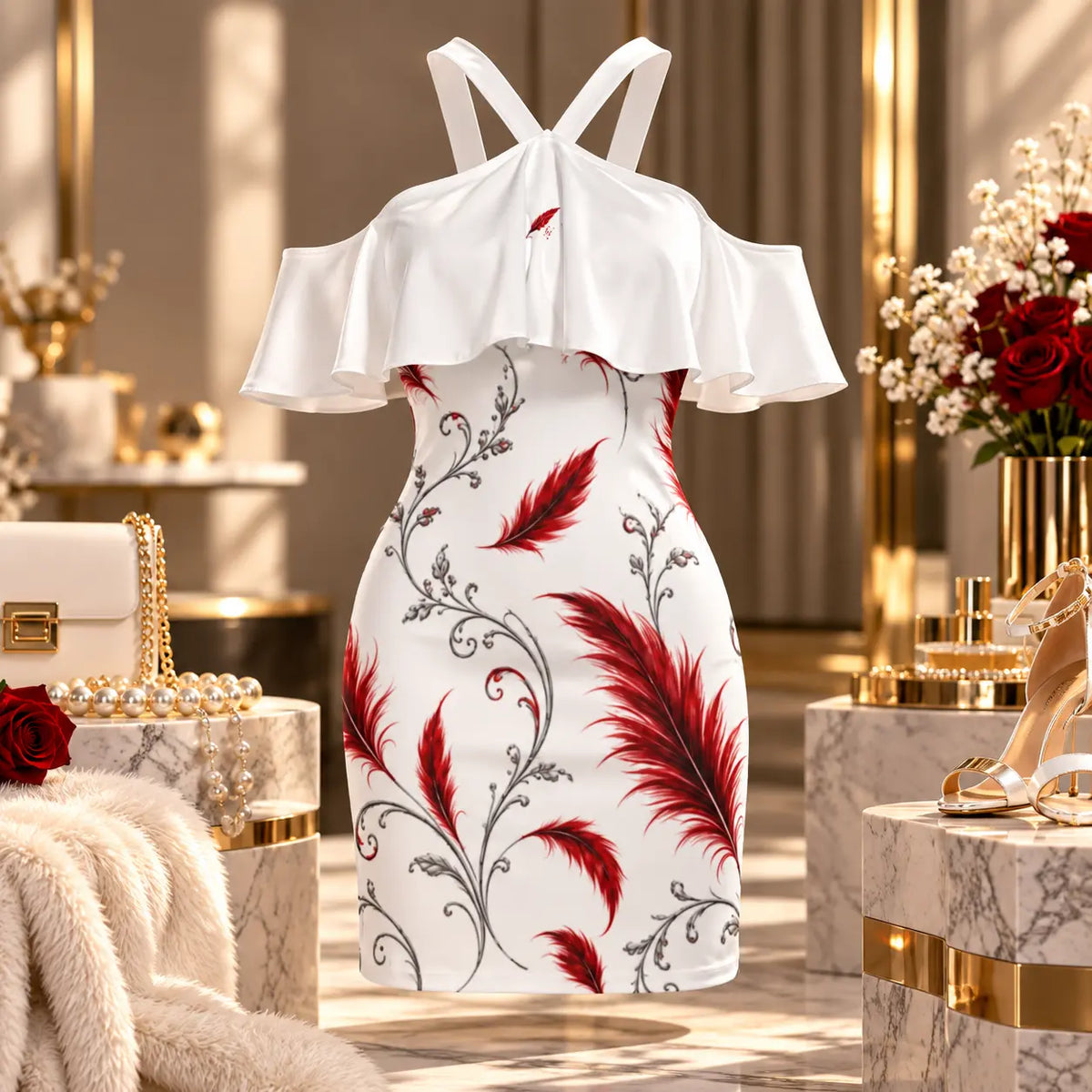 Robe longue à épaules dénudées et volants pour femme – Féminité & élégance estivale