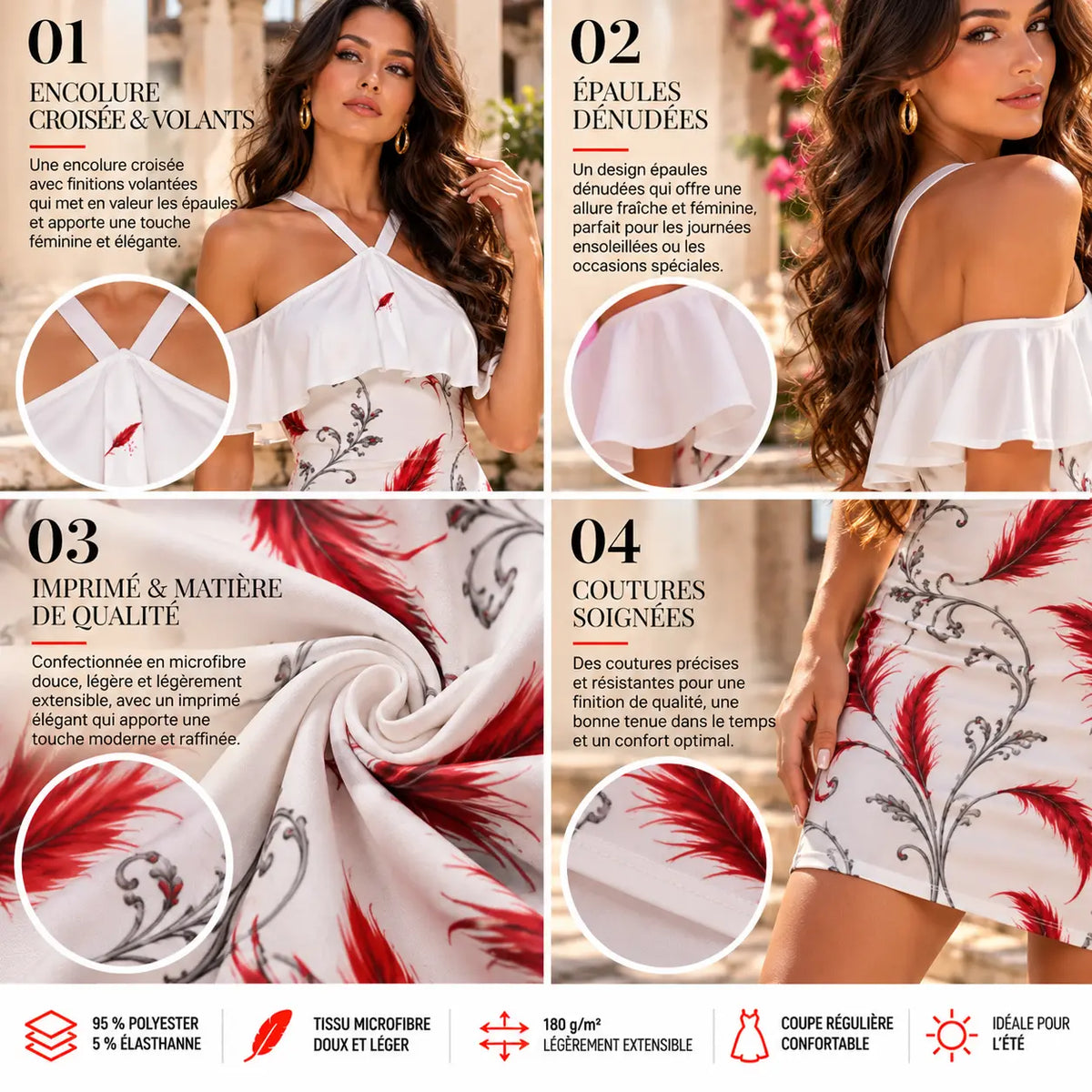 Robe longue à épaules dénudées et volants pour femme – Féminité & élégance estivale