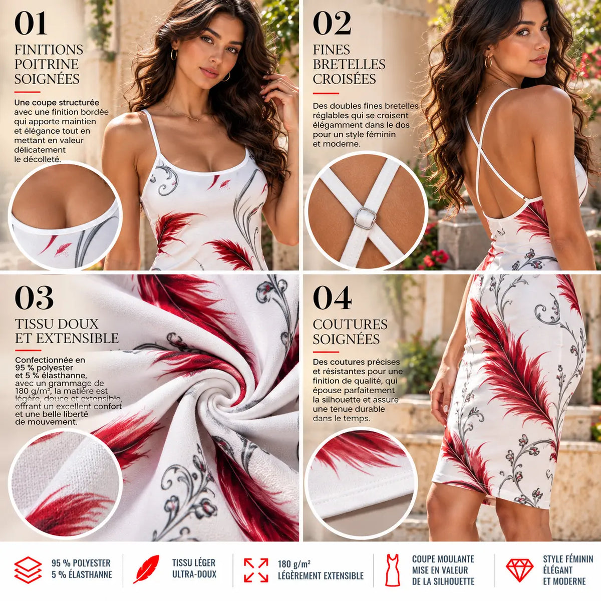Robe midi moulante à fines bretelles pour femme – Élégance & féminité