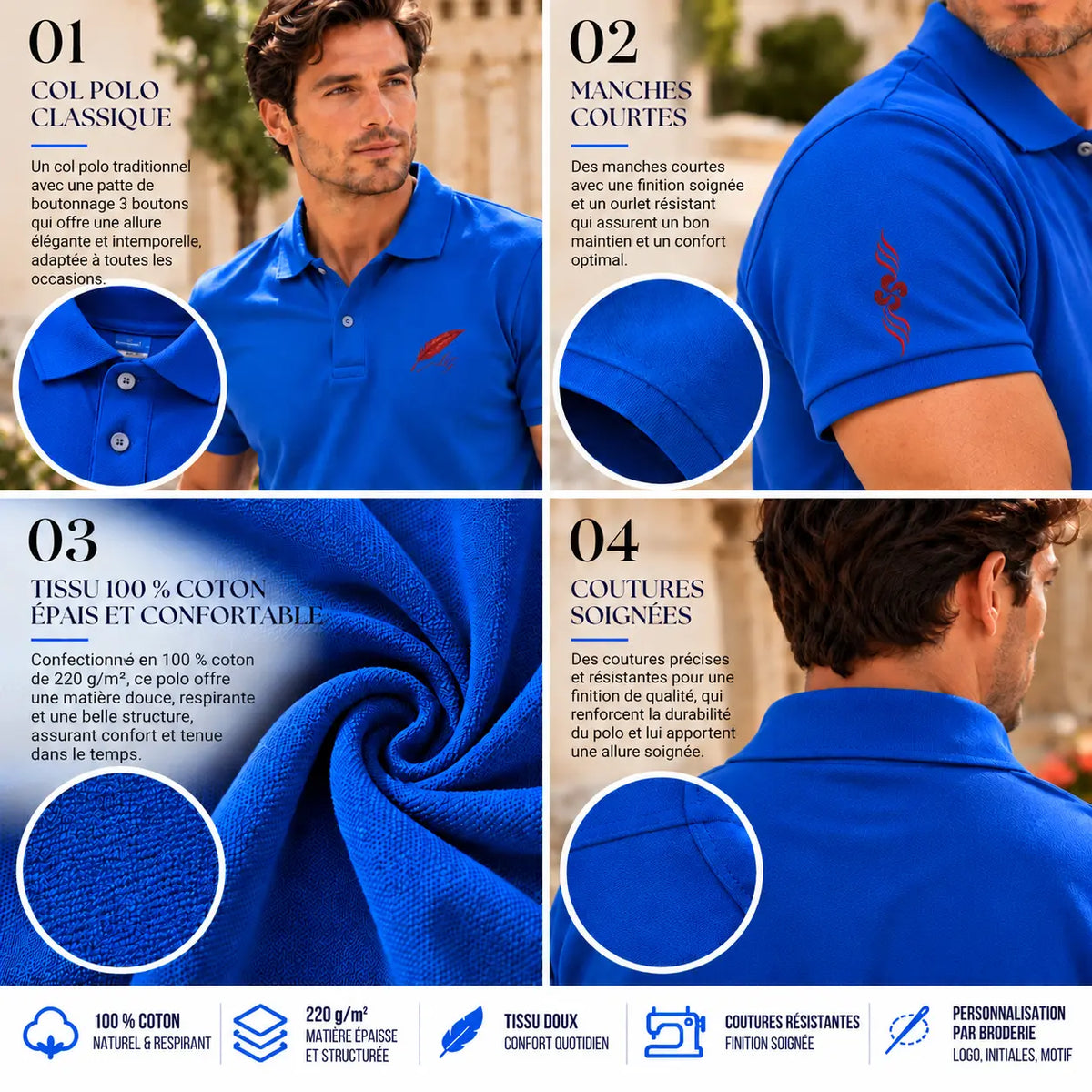 Polo épais en coton brodé pour homme – Élégance & confort