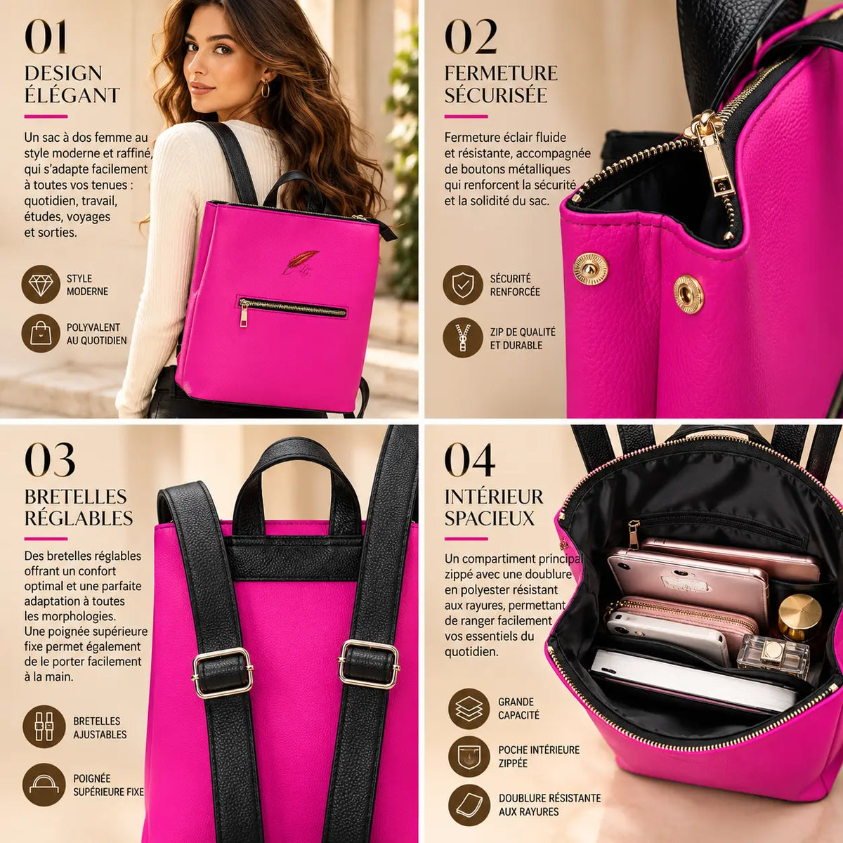 Sac à dos femme en cuir PU antivol – Élégant, pratique & convertible