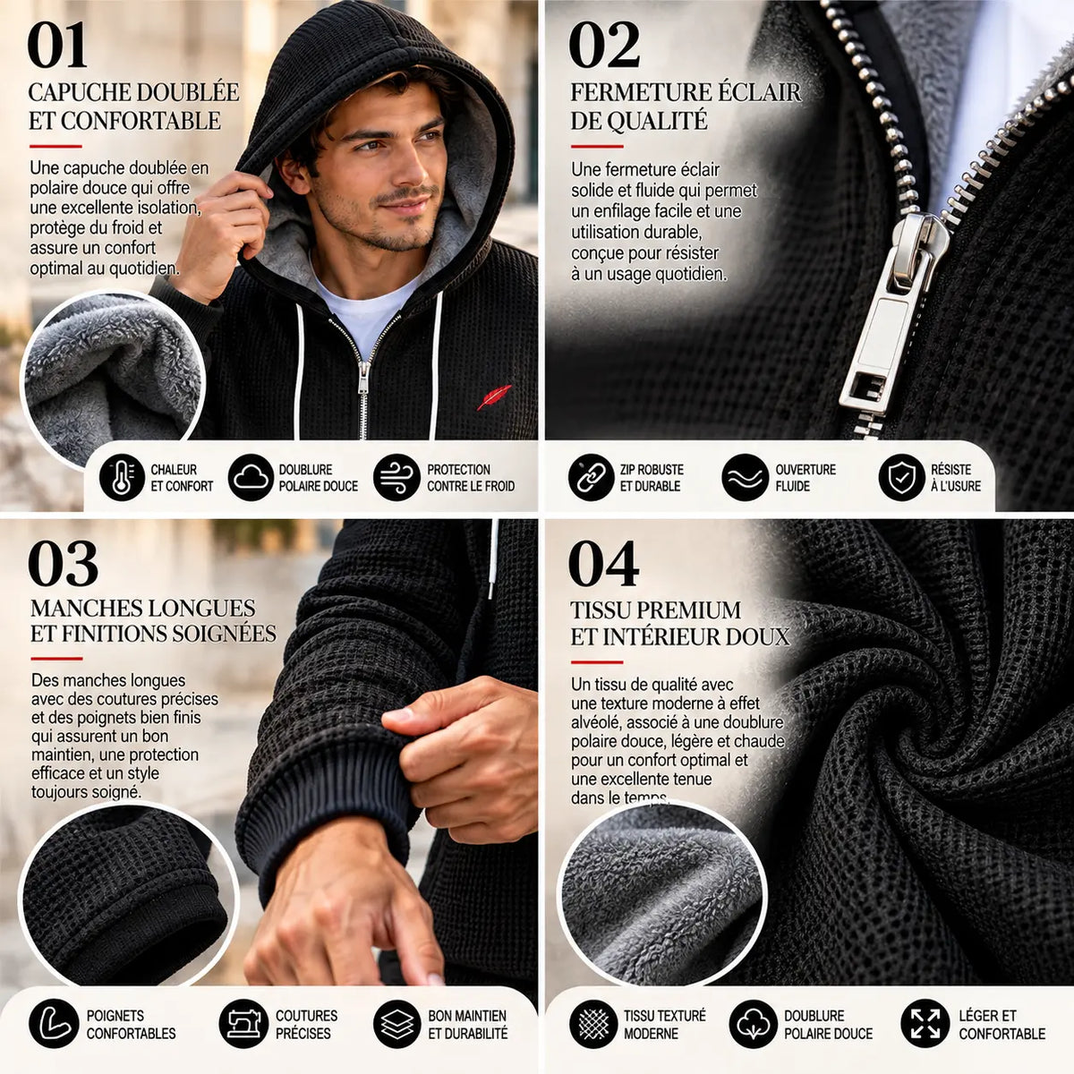 Veste polaire zippée à capuche pour homme – Chaleur, confort & style