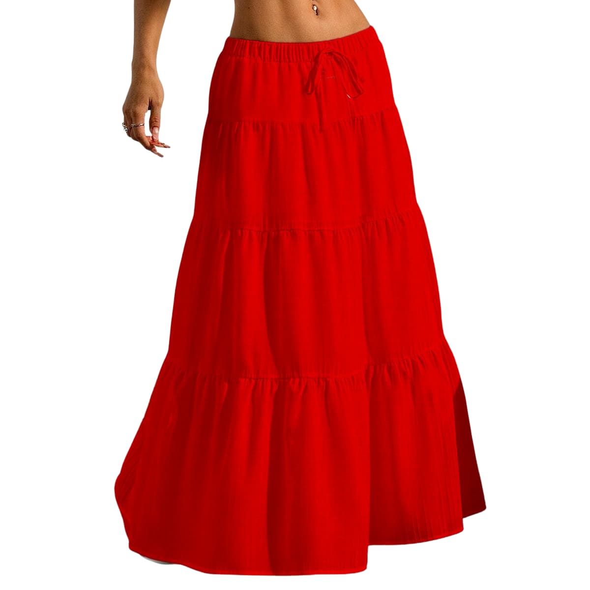 Jupe longue femme fluide à volants  porté de face par  le bas dune femme  coloris rouge