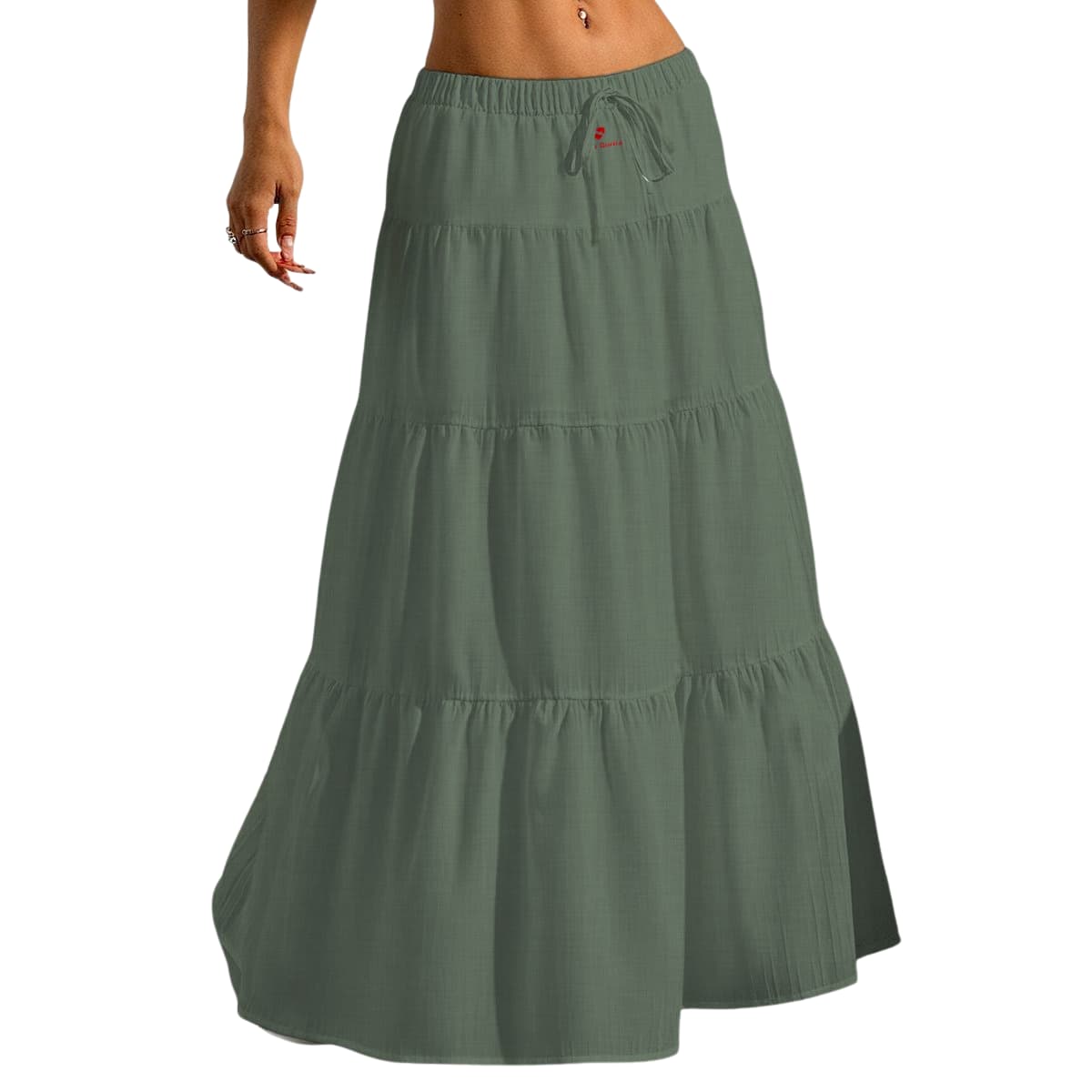 Jupe longue femme fluide à volants porté par le bas dune femme de face  coloris vert