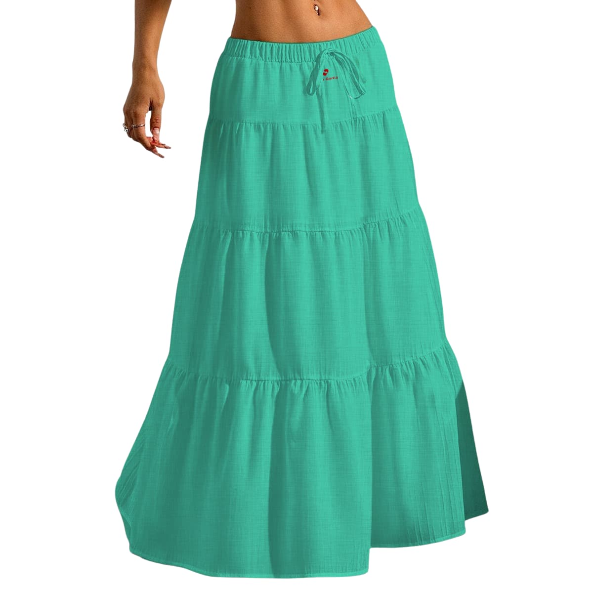 Jupe longue femme fluide à volants porté de face par le bas dune femme coloris vert deau