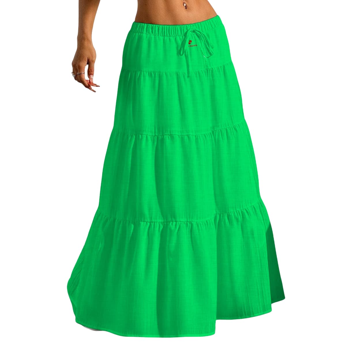  Jupe longue femme fluide à volants porté de face par le bas dune femme coloris vert pomme