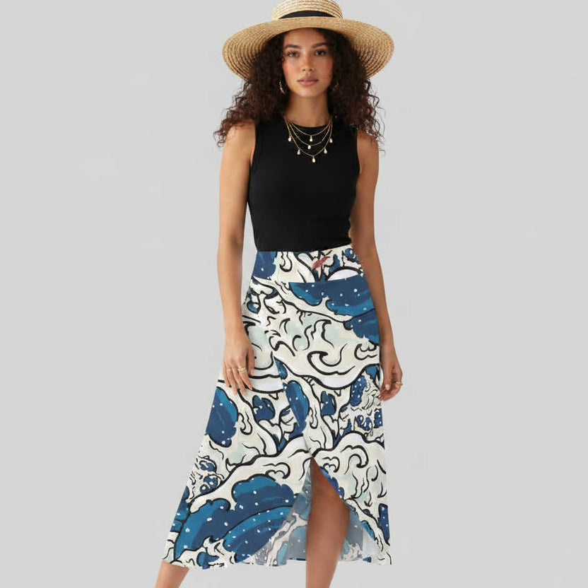 Jupe midi fendue taille haute avec short intégré – Élégance à motifs