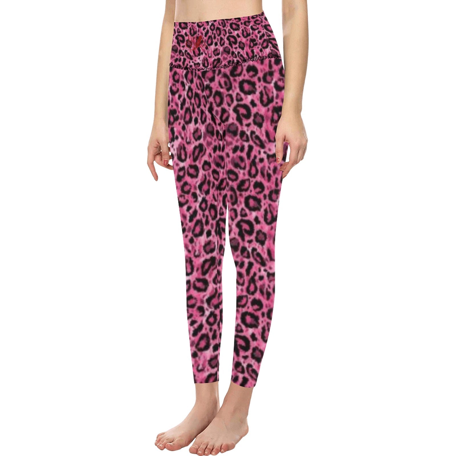 Leggings femme taille haute  porté de face colorie léopard rose foncé