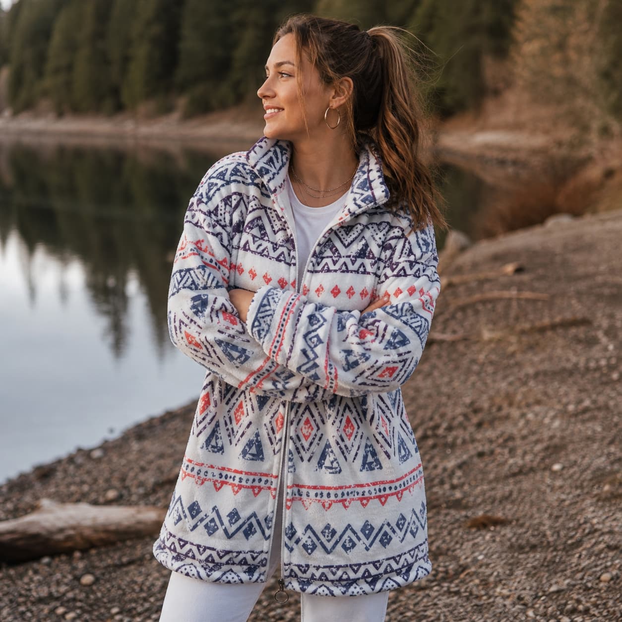 Manteau polaire Borg à col montant zippé  porter de face par une femme couleur blanc