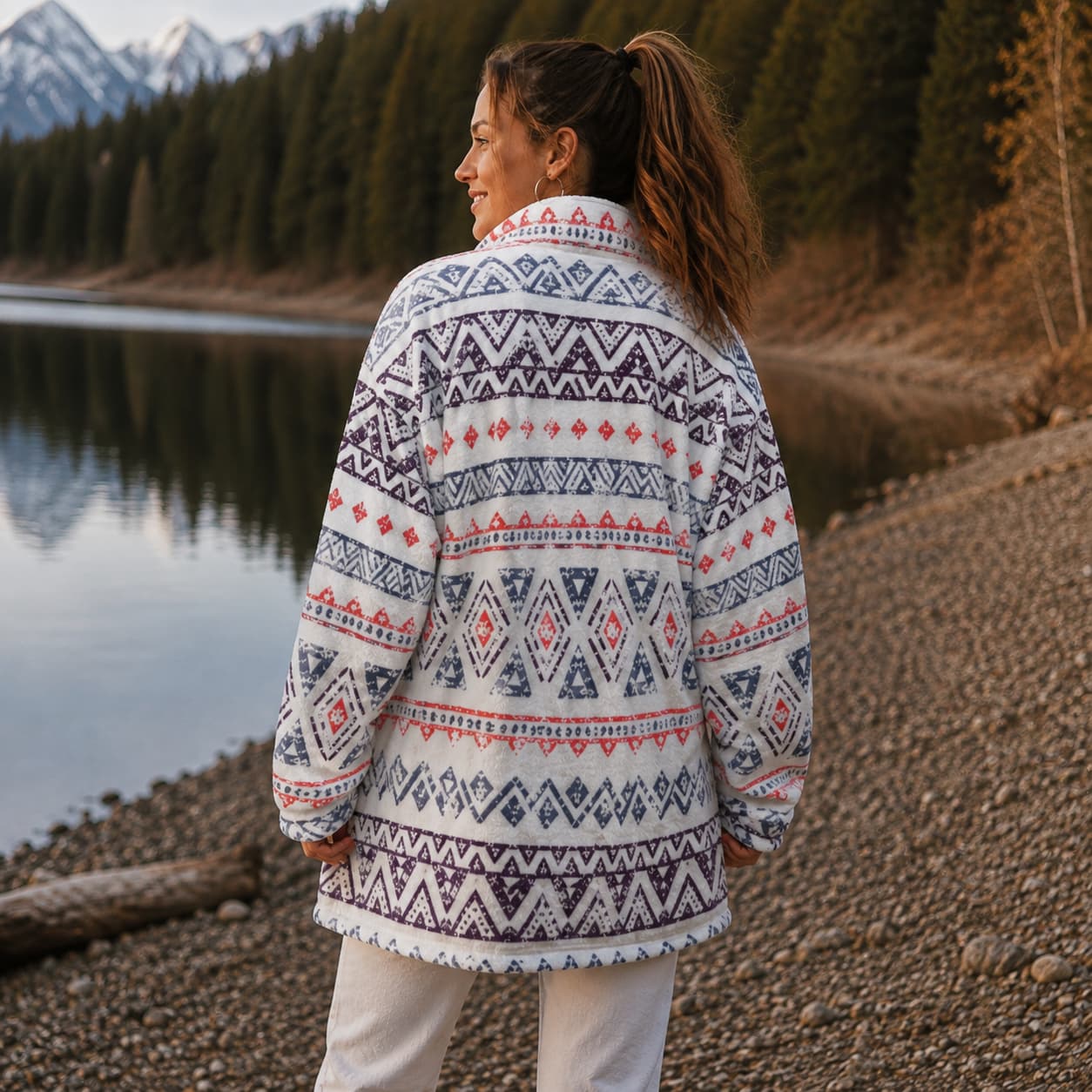 Manteau polaire Borg à col montant zippé  porter de dos couleur blanc