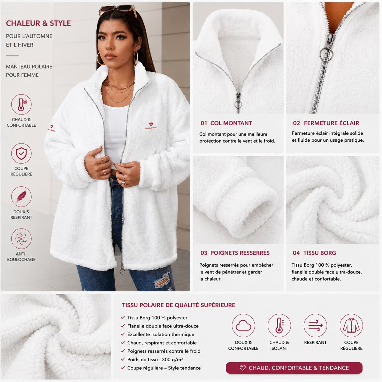 Manteau polaire Borg à col montant zippé detail du produit couleur blanc