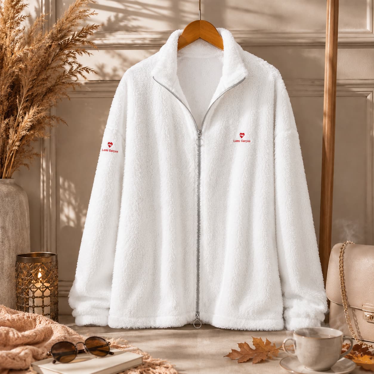 Manteau polaire Borg à col montant zippé  non porte presente sur un cintre couleur blanc