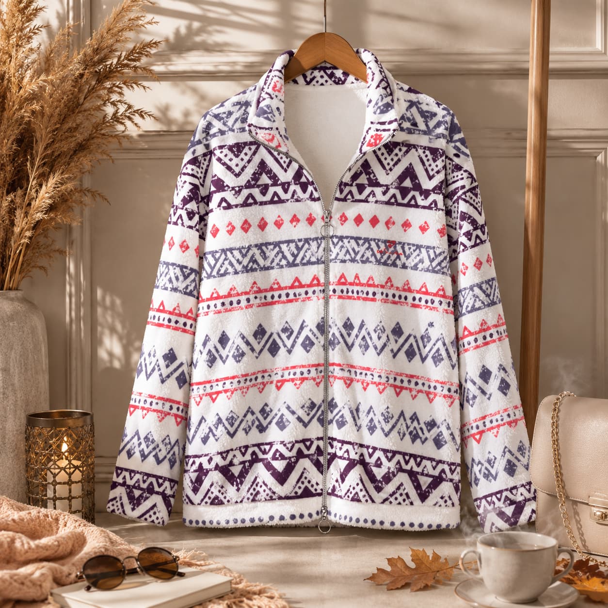 Manteau polaire Borg à col montant zippé  non porter de face  presente sur un cintre  couleur blanc