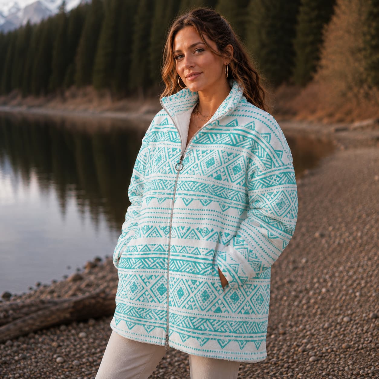 Manteau polaire Borg à col montant zippé  porter de face legerement sur le cote de couleur vert d'eau