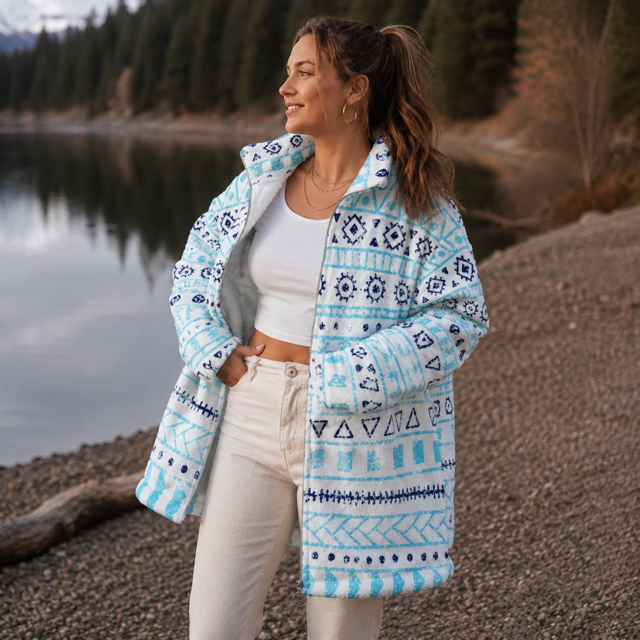 Manteau polaire Borg à col montant zippé  porte de face couleur bleu ciel