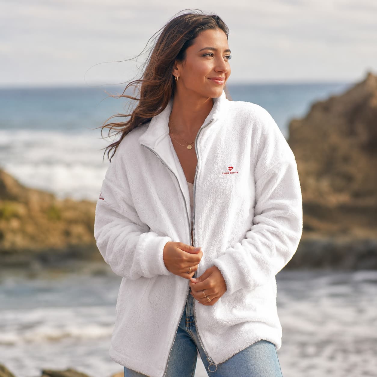 Manteau polaire Borg à col montant zippé porte de face couleur blanc