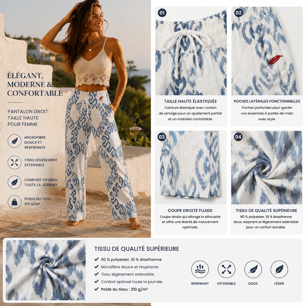 Pantalon droit taille haute pour femme detail pour presente le panatalon couleur bleu
